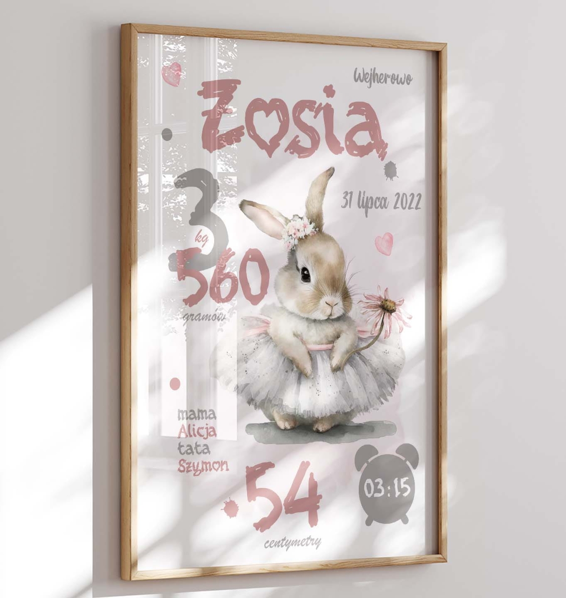 dekoracja ścienna króliczek w spódniczce tutu z metryczką