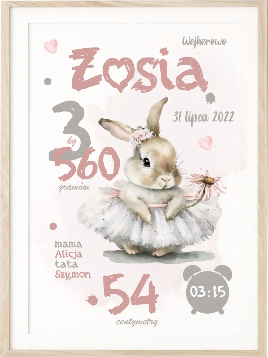 plakat metryczka dla dziewczynki z króliczkiem pastelowym