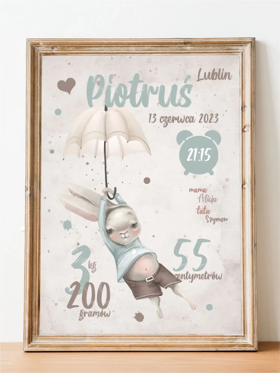 metryczka króliczek z parasolką z imieniem plakat dla chłopca
