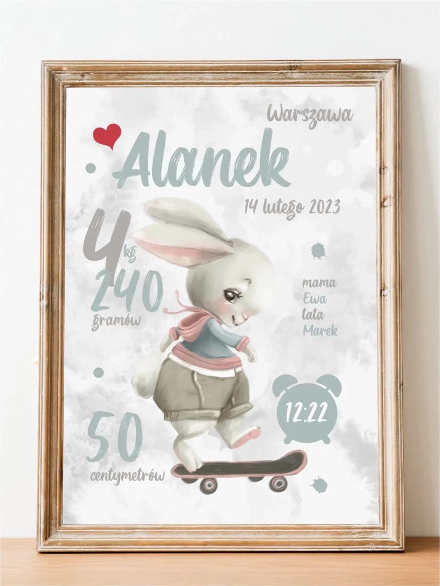 metryczka króliczek na deskorolce z imieniem plakat dla chłopca