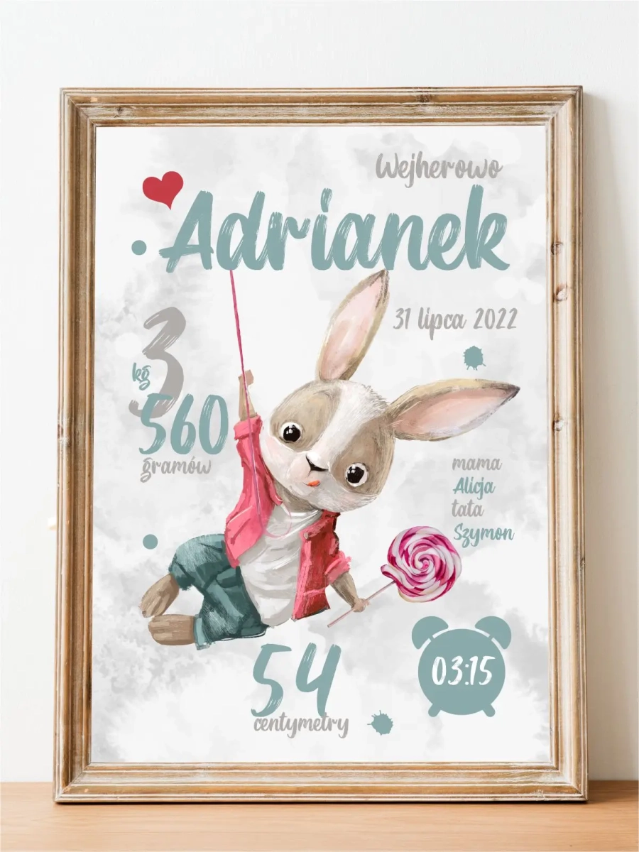 Plakat do pokoju dziecka Króliczek z Lizakiem – metryczka