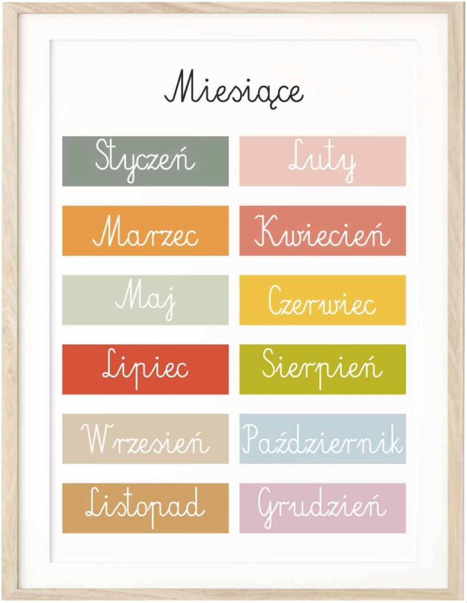 plakat edukacyjny Montessori z miesiącami dla dzieci