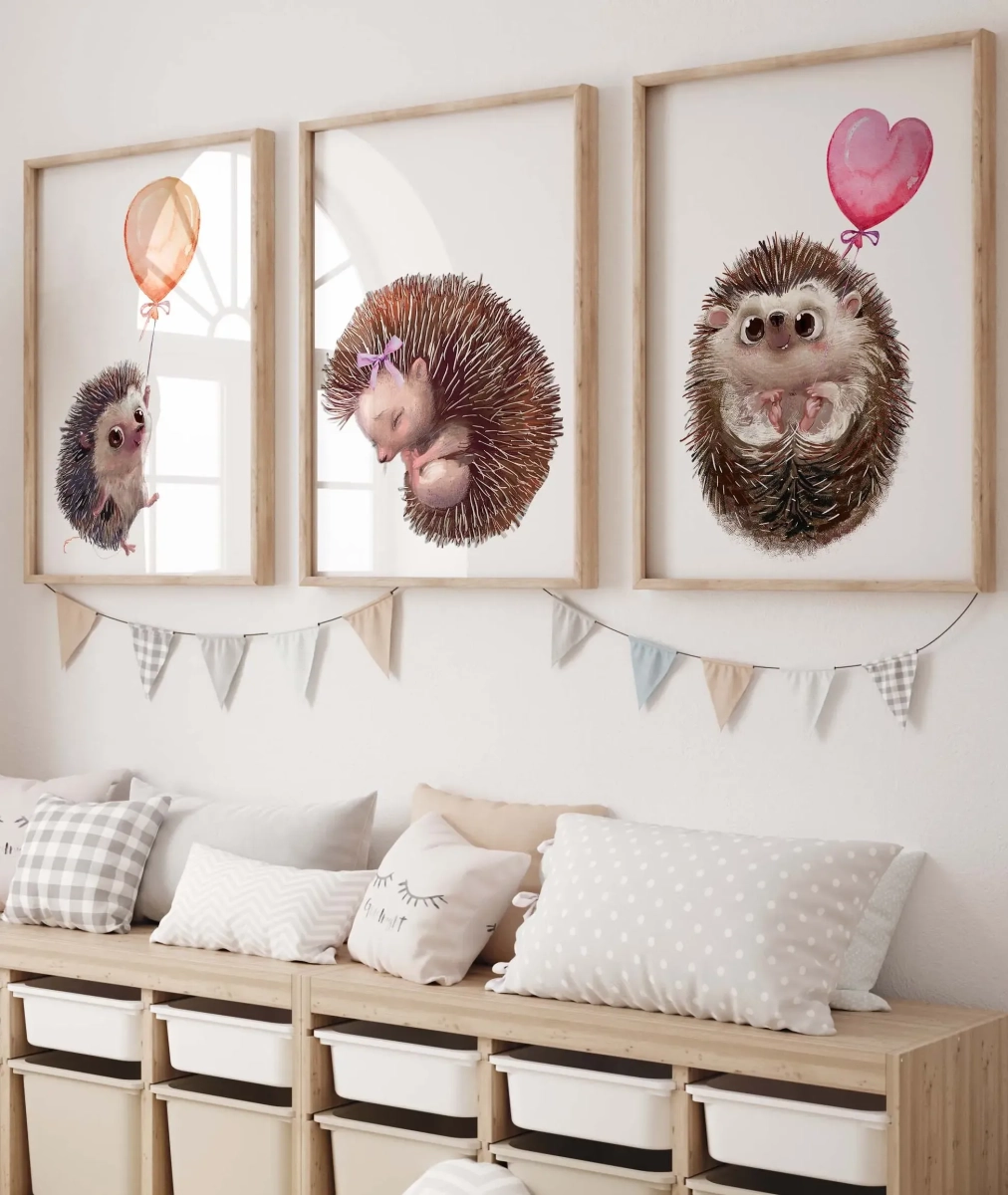 Jeżyki z balonikami – plakaty akwarelowe do pokoju dziecka w stylu boho | Mała Pracownia