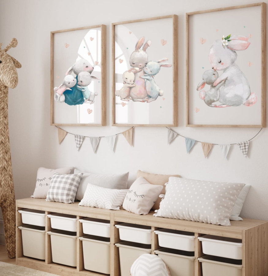 zestaw 3 plakatów z króliczkami