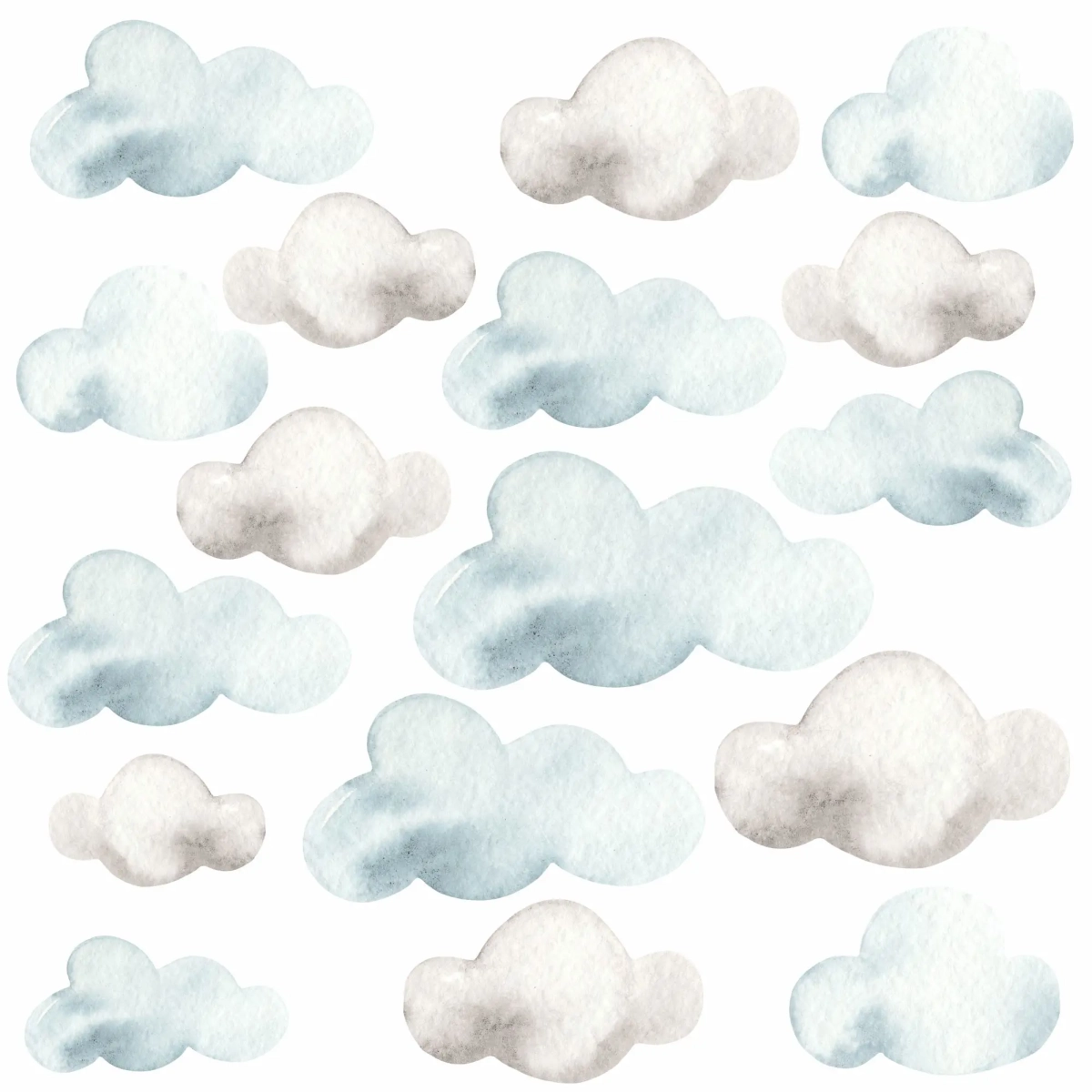 zestaw 17 akwarelowych chmurek, błękitno-szarych; szerokość 14–29 cm – naklejki na ścianę
