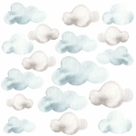 zestaw 17 akwarelowych chmurek, błękitno-szarych; szerokość 14–29 cm – naklejki na ścianę