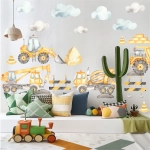 błękitno-szare chmurki – naklejki na ścianę, wizualizacja z zestawem Maszyny budowlane – Zestaw 2