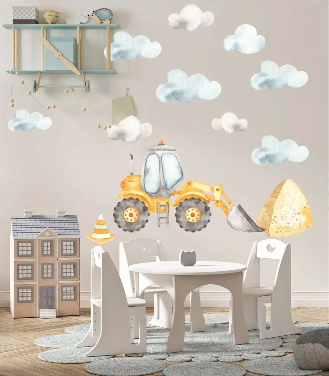 chmurki akwarelowe błękitno-szare – aranżacja nad stolikiem w pokoju dziecka