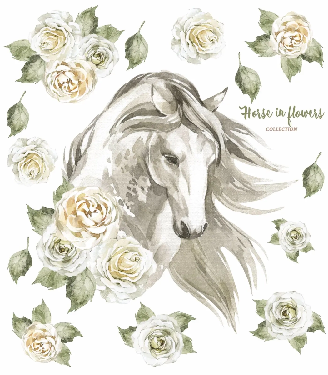 Zestaw elementów naklejki: koń akwarela i róże – ułożenie poglądowe na neutralnym tle