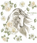 Zestaw elementów naklejki: koń akwarela i róże – ułożenie poglądowe na neutralnym tle