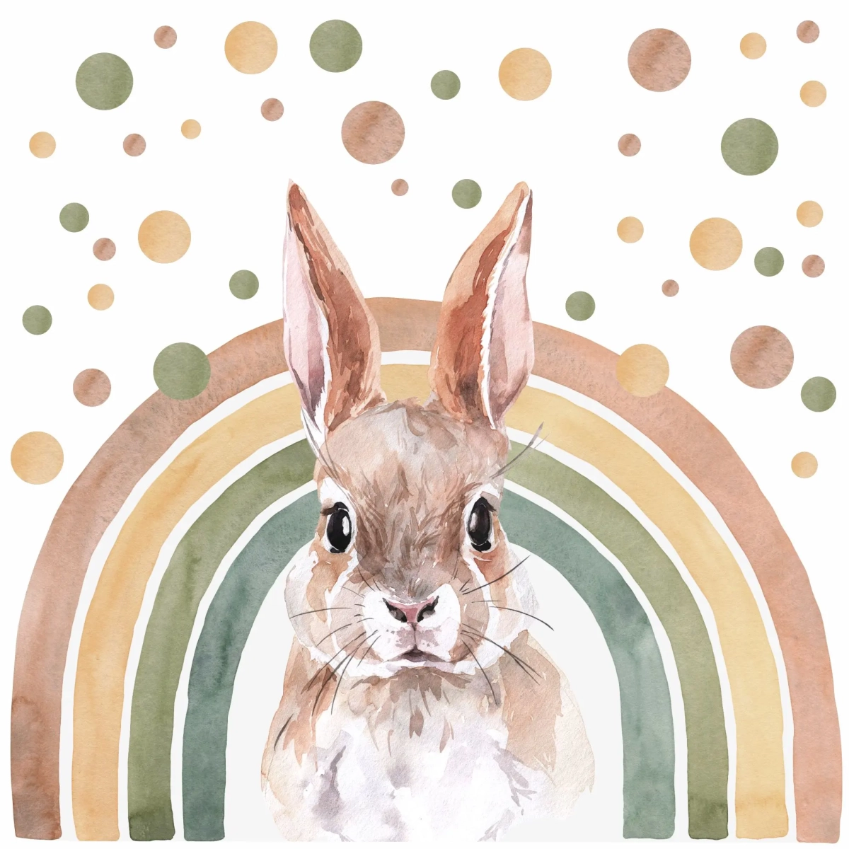 Naklejka ścienna dla dzieci z królikiem na zielonej tęczy i konfetti – Mała Pracownia
