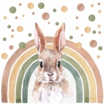 Naklejka ścienna dla dzieci z królikiem na zielonej tęczy i konfetti – Mała Pracownia