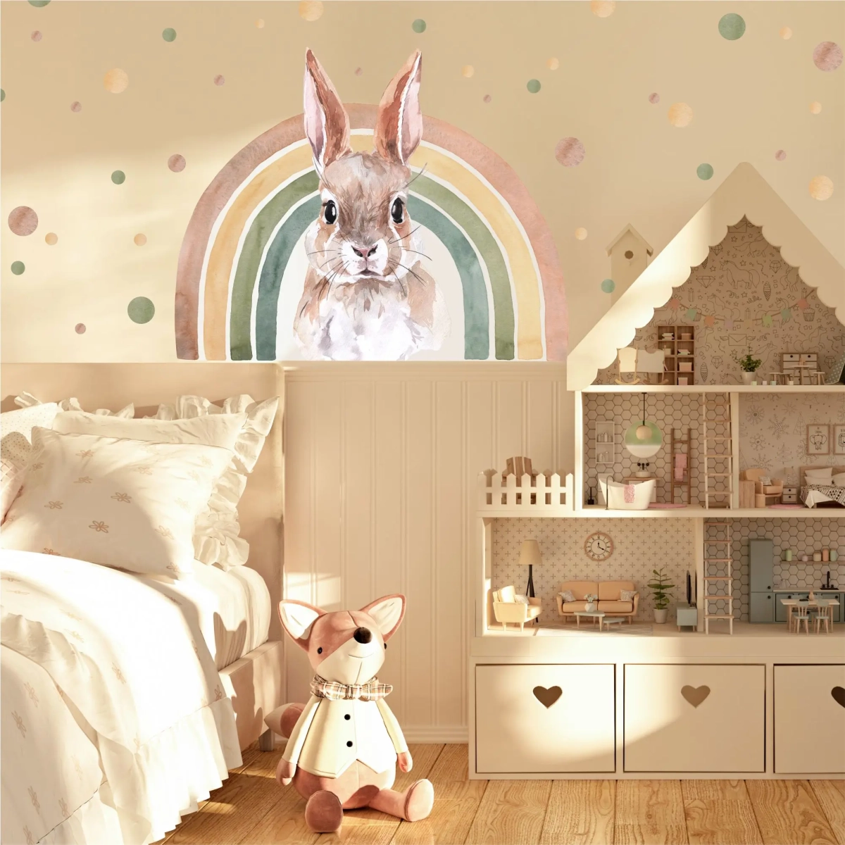Naklejka królik na zielonej tęczy i konfetti – dekoracja pokoju dziecka – Mała Pracownia