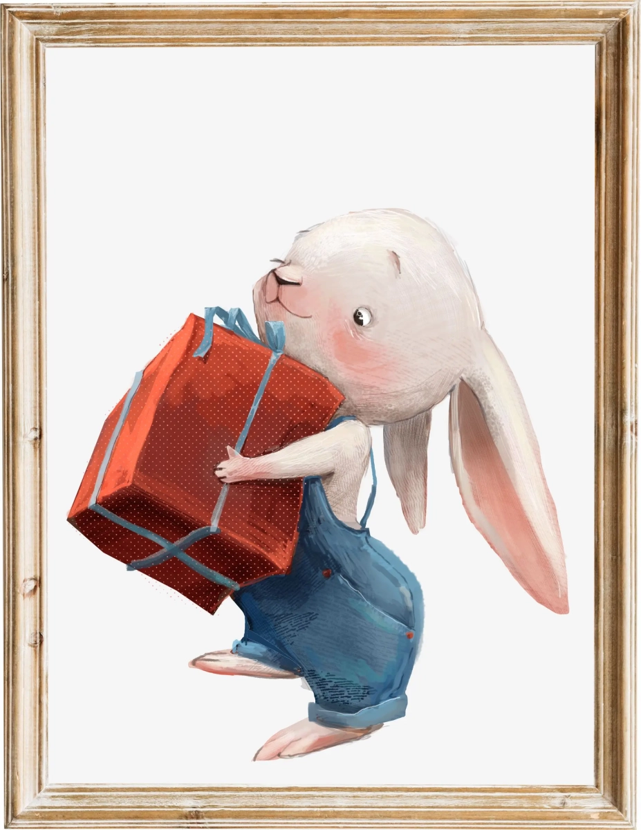 Uroczy plakat króliczek z prezentem – pastelowa ilustracja dla dzieci Mała Pracownia