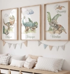 Dinozaury – tryptyk zestaw 3 plakatów na ścianę dla dzieci w pastelowych barwach, Dilofozaur, Ankylozaur i Triceratops – Mała Pracownia