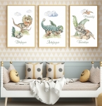 Zestaw 3 plakatów Dinozaury – Dilofozaur, Ankylozaur i Triceratops, tryptyk ścienny do pokoju dziecka – Mała Pracownia