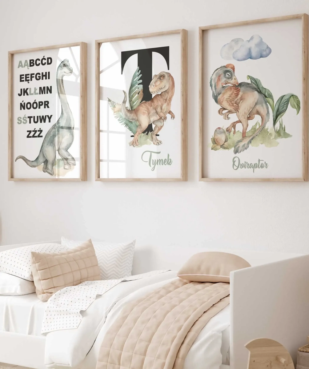 Dinozaury – tryptyk zestaw 3 plakatów na ścianę dla dzieci, alfabet, Brontozaur i litera z imieniem
