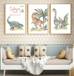 Dinozaury – tryptyk zestaw 3 plakatów na ścianę dla dzieci z metryczką, akwarelowe ilustracje dla chłopca – Mała Pracownia
