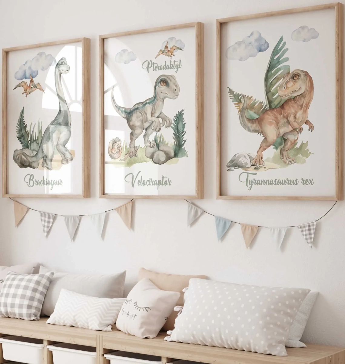 Zestaw 3 plakatów z dinozaurami dla dzieci, dekoracja ścienna w stylu boho – Mała Pracownia