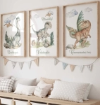 Zestaw 3 plakatów z dinozaurami dla dzieci, dekoracja ścienna w stylu boho – Mała Pracownia