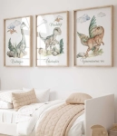 Dinozaury – tryptyk plakatów do pokoju dziecka, akwarelowe ilustracje w stylu boho – Mała Pracownia