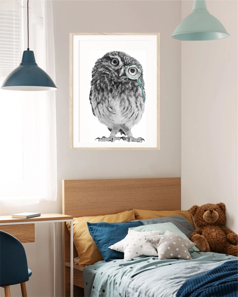 Plakat z sową w monoklu do pokoju chłopca