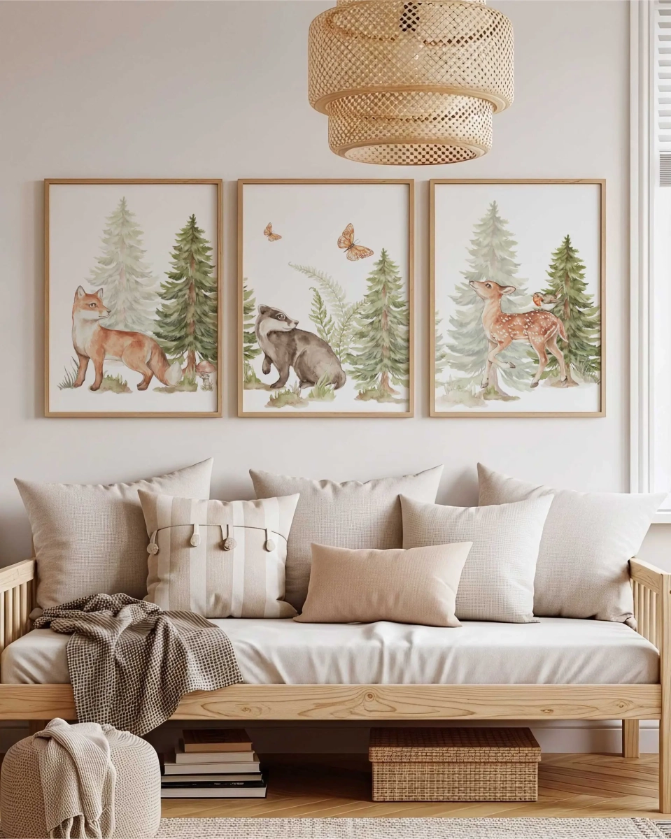 Leśni Przyjaciele – plakaty akwarela do pokoju dziecka – lisek borsuk sarenka – Mała Pracownia