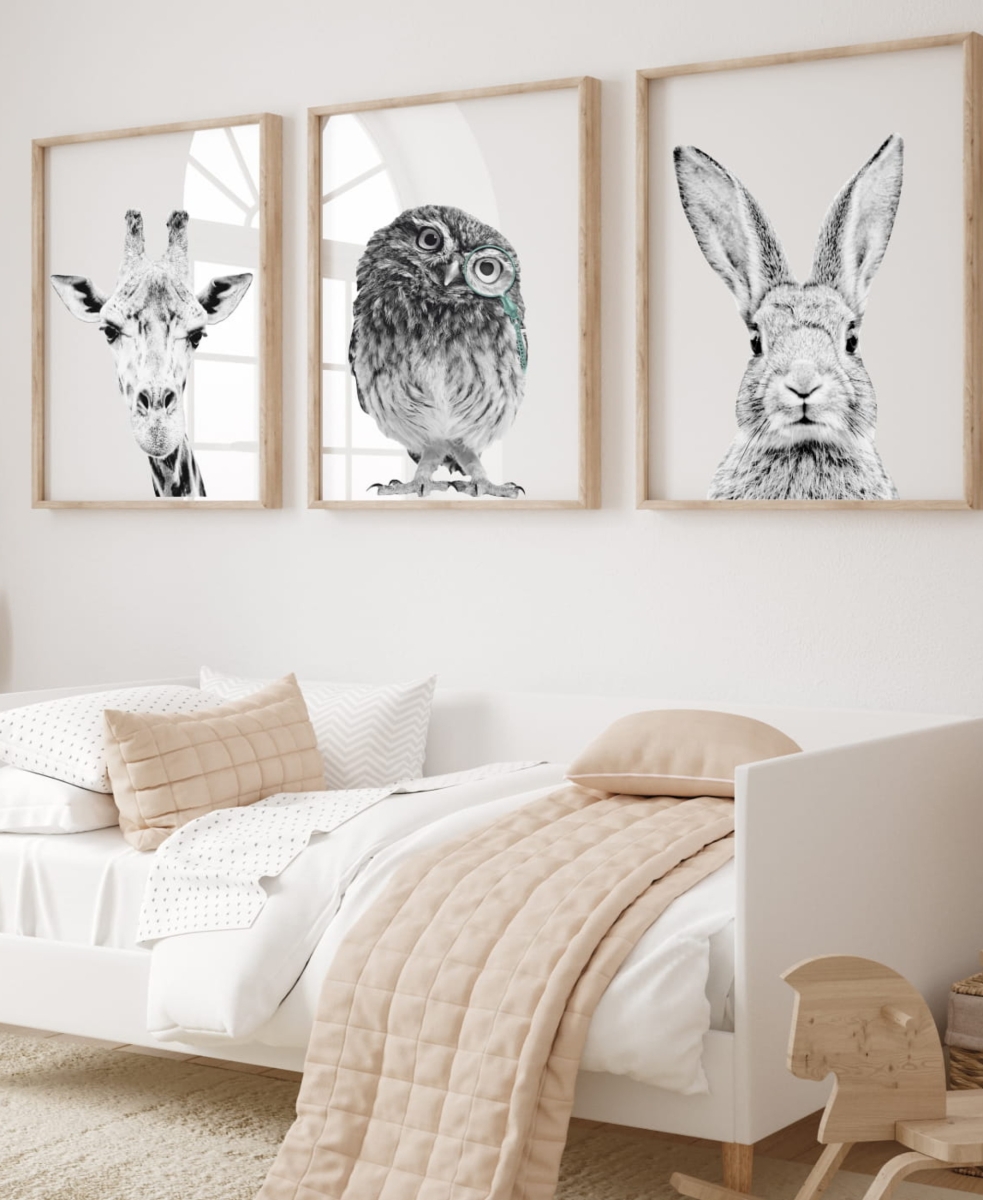 Zestaw 3 plakatów Żyrafa Sowa Królik na ścianę dla dzieci – Mała Pracownia