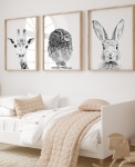 Zestaw 3 plakatów Żyrafa Sowa Królik na ścianę dla dzieci – Mała Pracownia