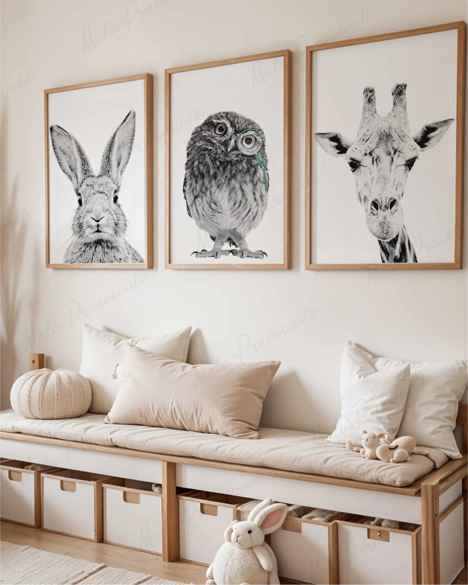 Żyrafa Sowa Królik – tryptyk plakatów na ścianę dla dzieci – Mała Pracownia