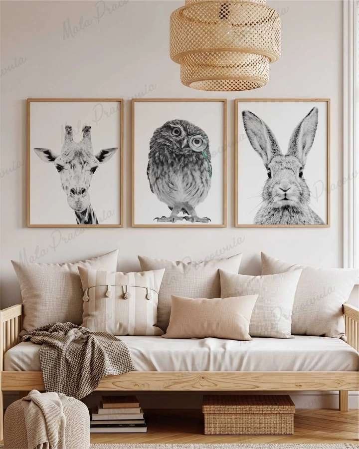 Plakat Żyrafa Sowa Królik – tryptyk na ścianę dla dzieci – Mała Pracownia
