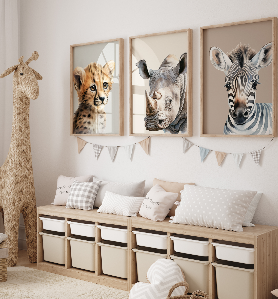 Gepard, Nosorożec i Zebra – Tryptyk plakatów Safari dla dzieci – Mała Pracownia
