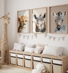 Gepard, Nosorożec i Zebra – Tryptyk plakatów Safari dla dzieci – Mała Pracownia