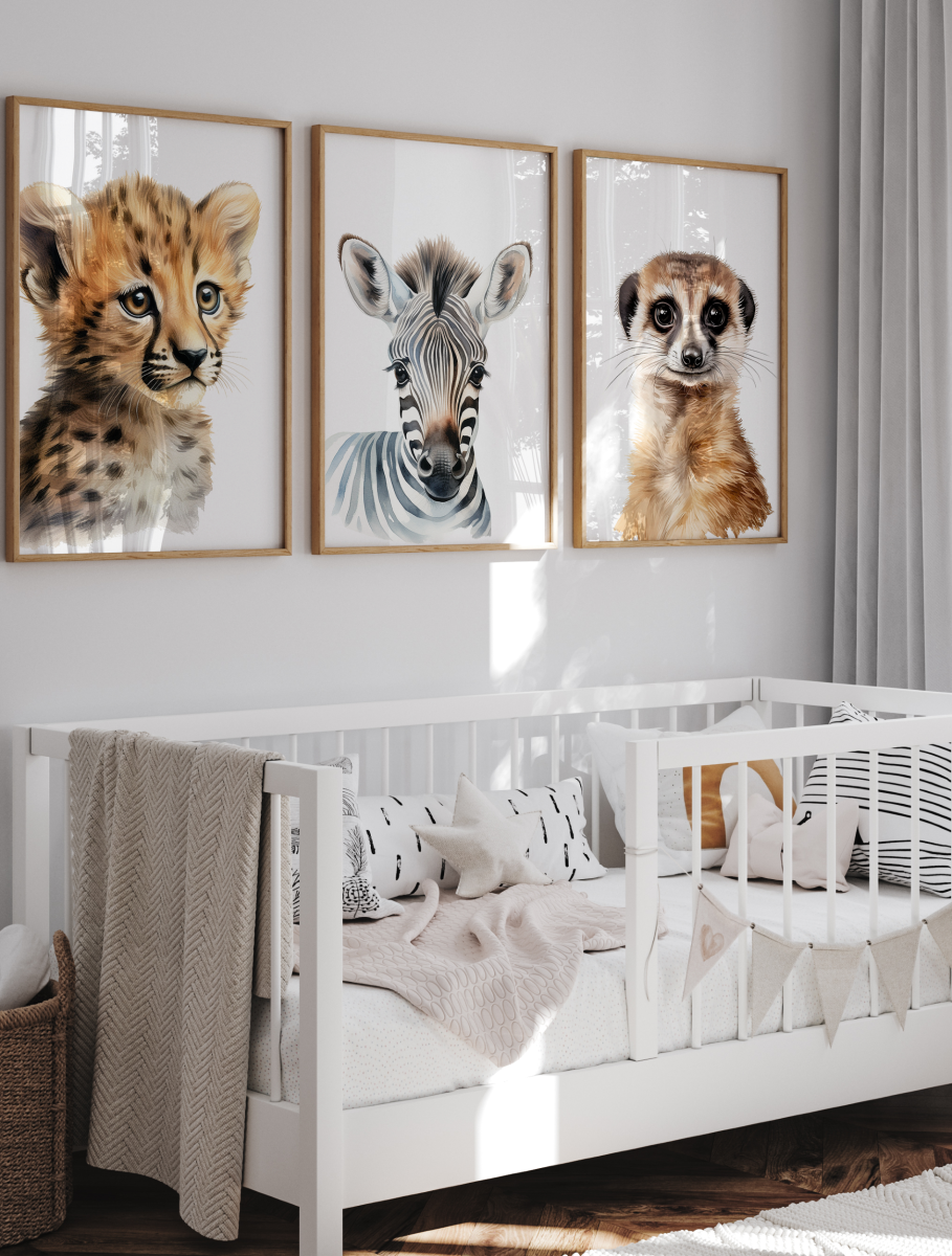 Plakaty Zebra Gepard Surykatka Sawanna – tryptyk dla dzieci – Mała Pracownia