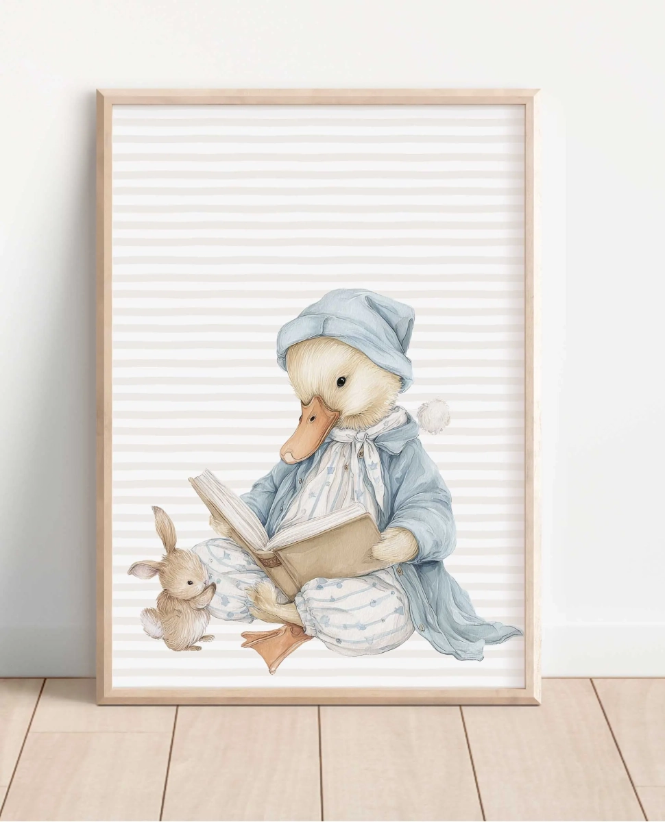 Retro Gąska z króliczkiem w piżamce i książeczką – plakat na ścianę dla dzieci w stylu vintage | Mała Pracownia