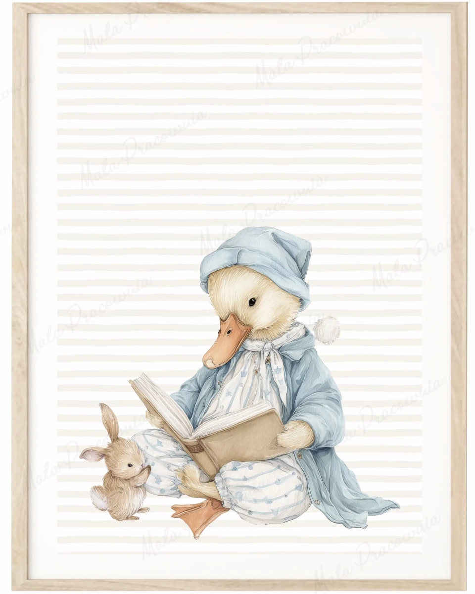 Pastelowy plakat retro – gąska w piżamce czyta bajki króliczkowi | Mała Pracownia