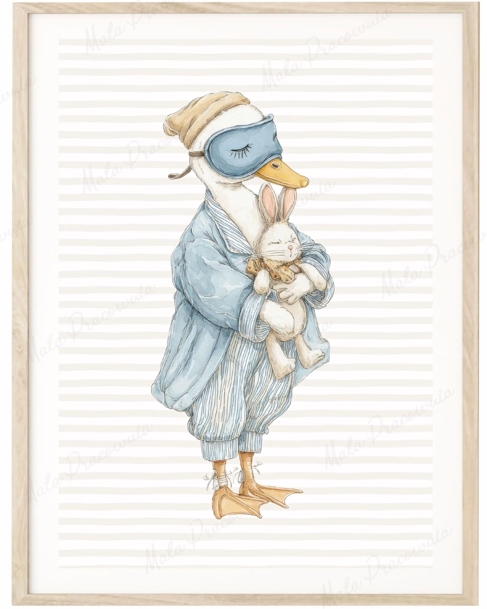 Pastelowy plakat Gąska w masce i piżamce – ilustracja dla dzieci w stylu retro | Mała Pracownia