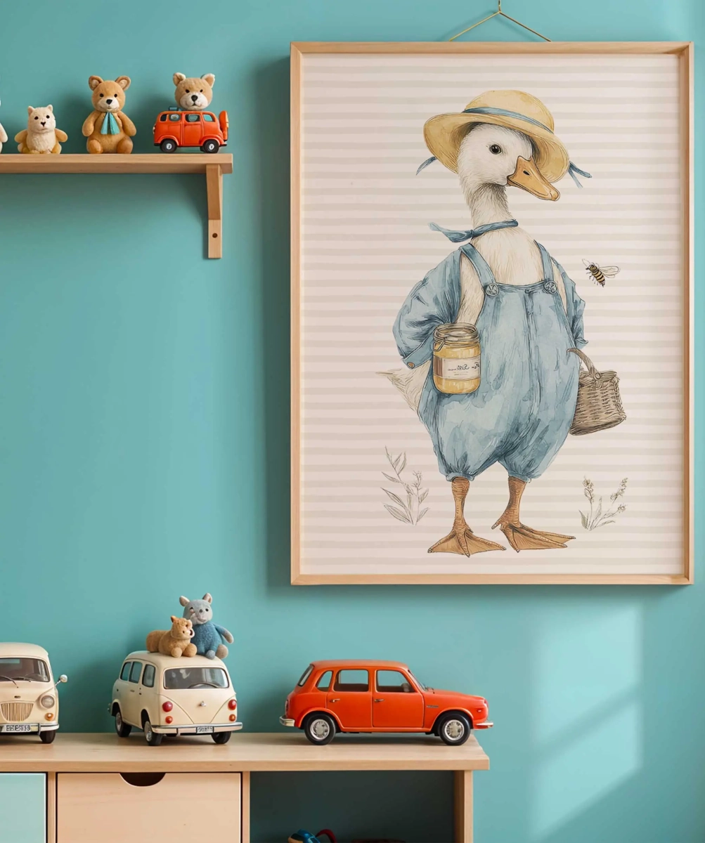 Plakat Gąska pszczelarz – pastelowa dekoracja ścienna dla dzieci | Mała Pracownia