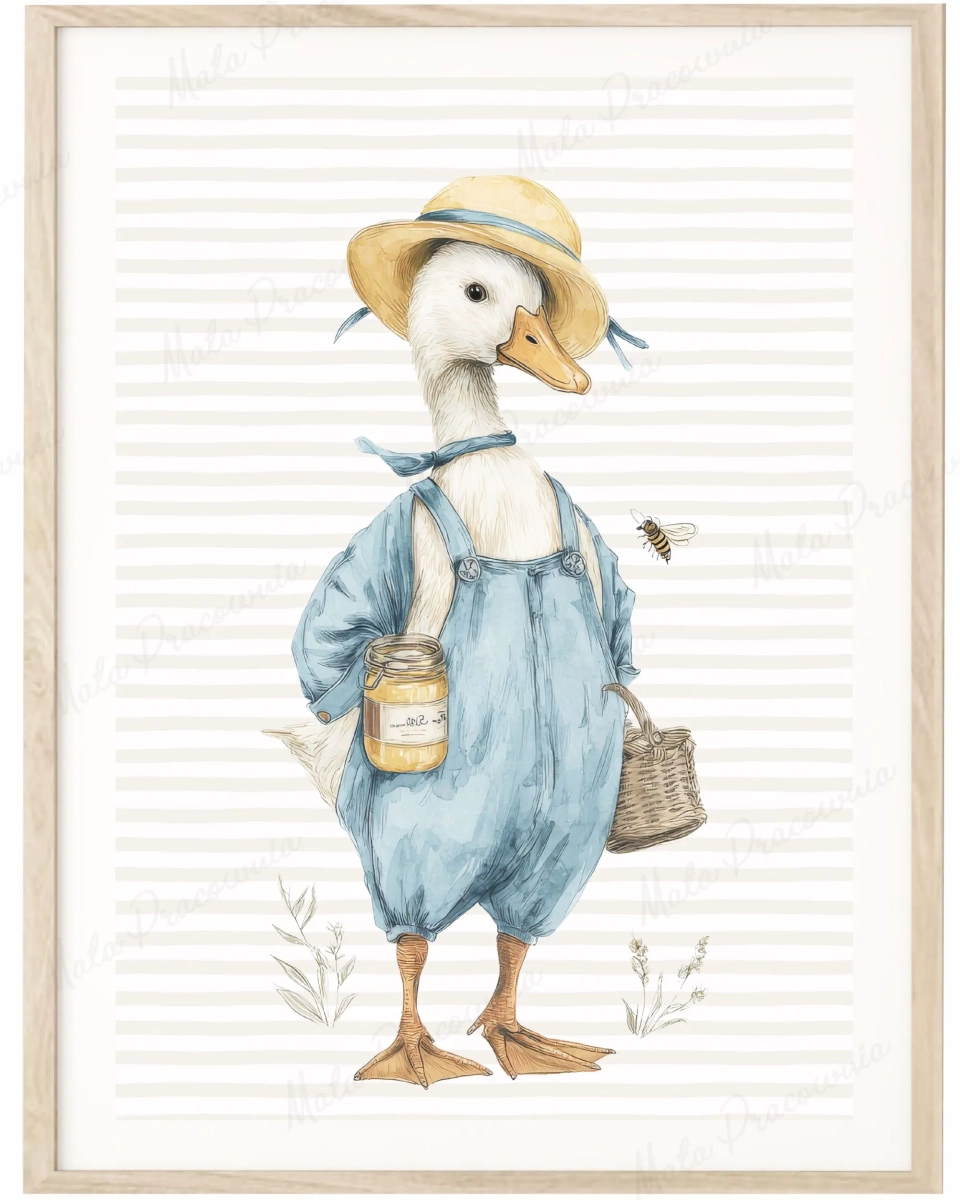 Pastelowy plakat Gąska pszczelarz z miodem – ilustracja dla dzieci w stylu retro | Mała Pracownia