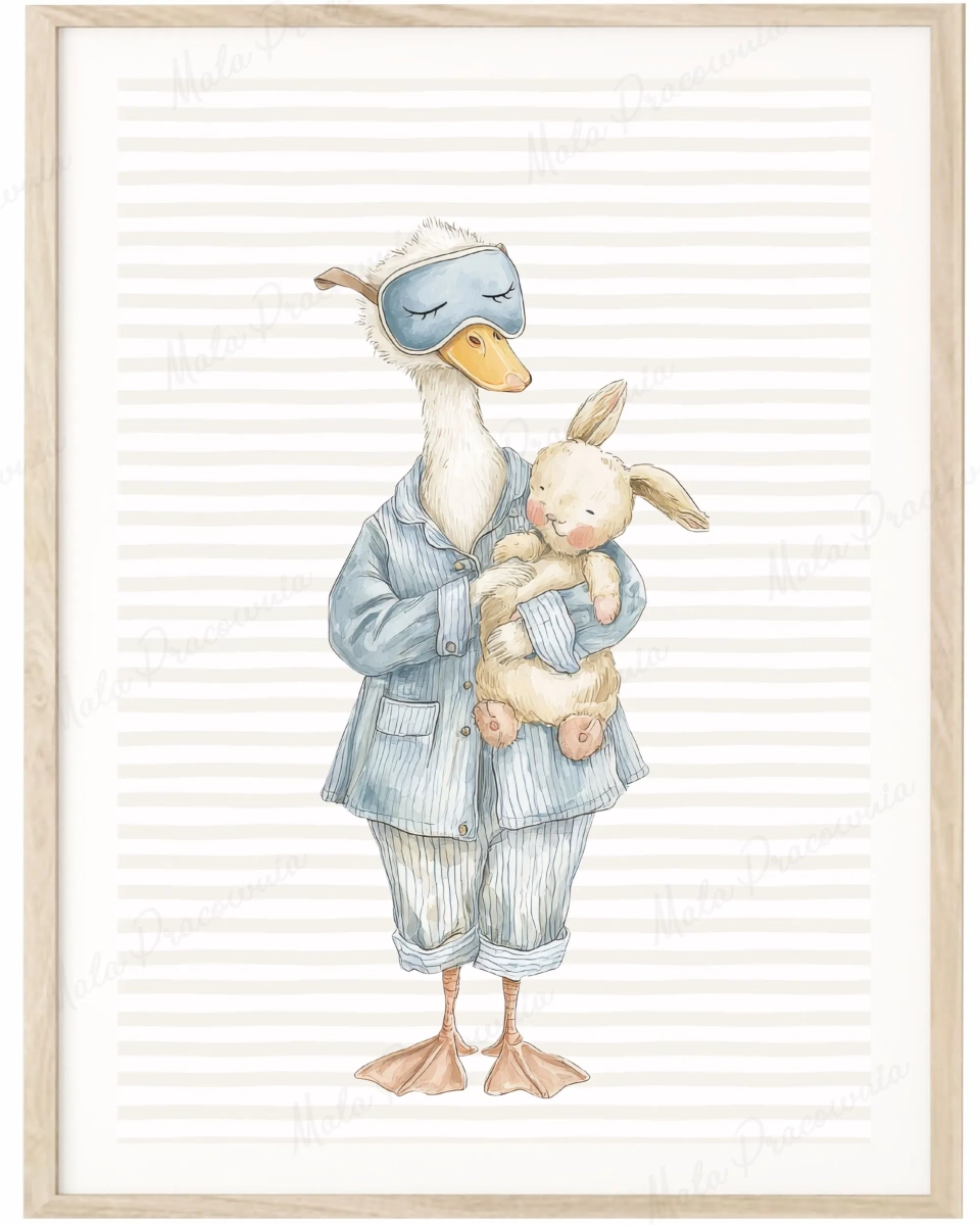 Pastelowy plakat gąska w piżamce i króliczek – spokojna ilustracja retro | Mała Pracownia