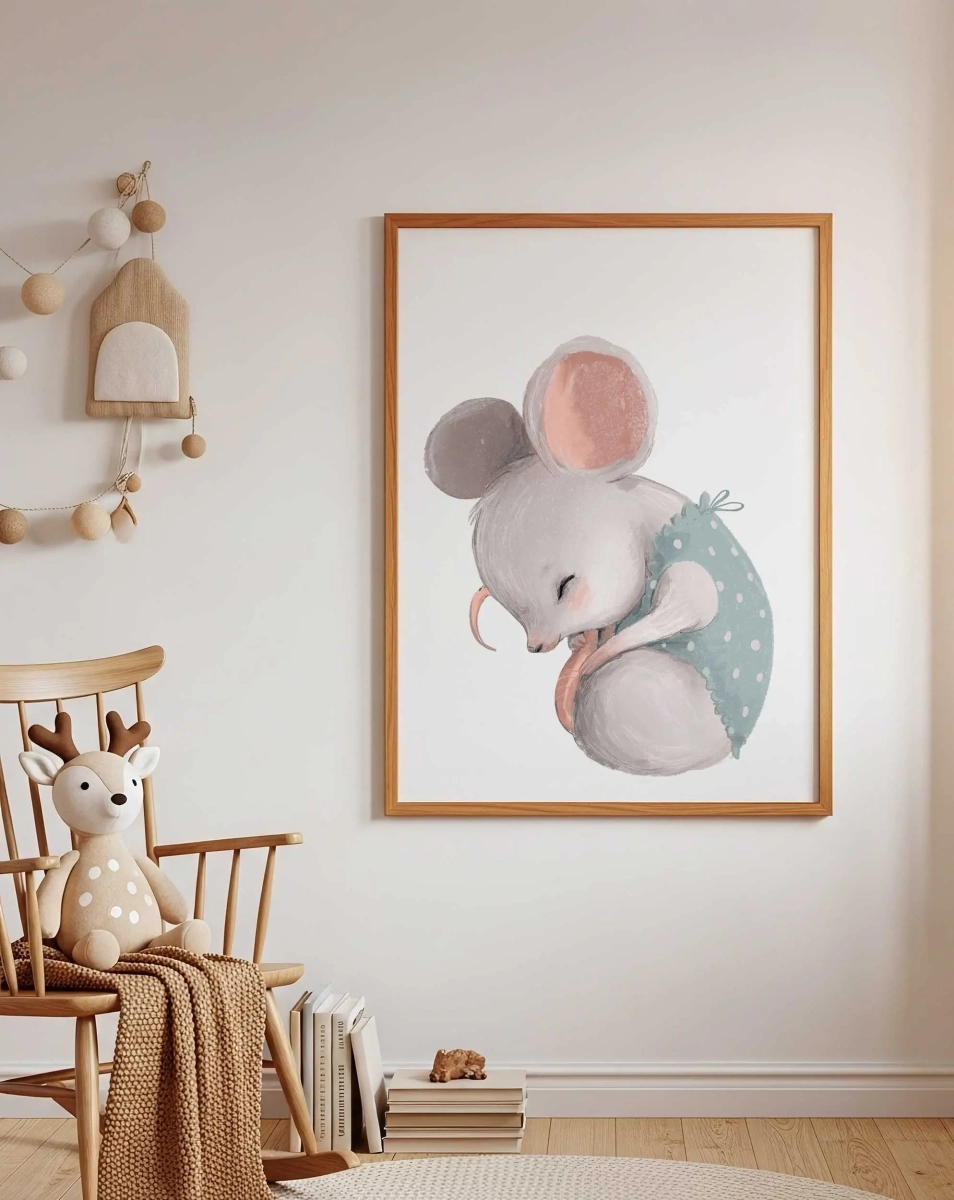Akwarelowy plakat Myszka w turkusowej sukience dla dzieci – Mała Pracownia