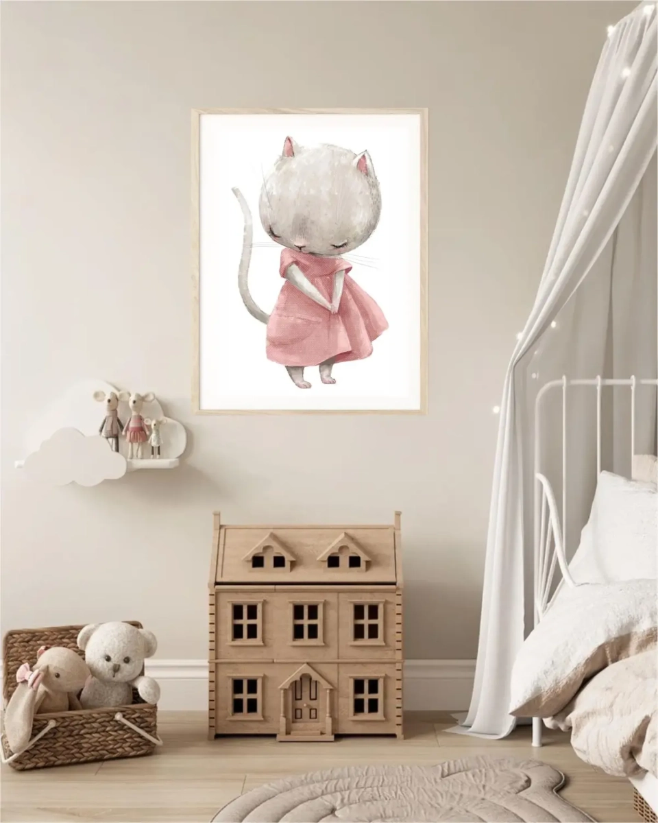 Plakat Kotek w sukience – dekoracja do pokoju dziecka – Mała Pracownia