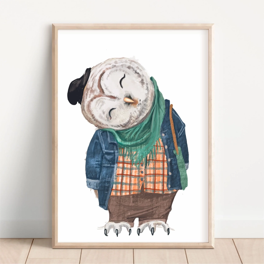 Sowa retro w kurtce i szaliku – plakat dla dziewczynki lub chłopca – Mała Pracownia