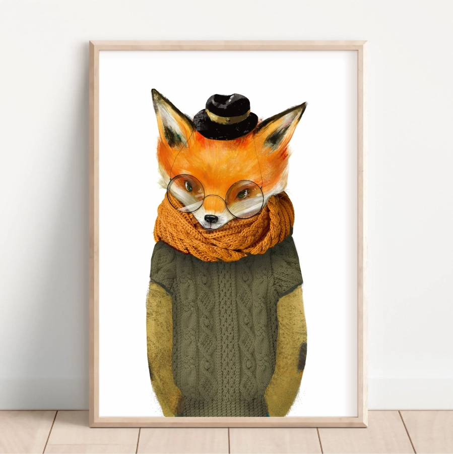 Plakat Lisek w szaliku – idealny dla dziewczynki lub chłopca – Mała Pracownia
