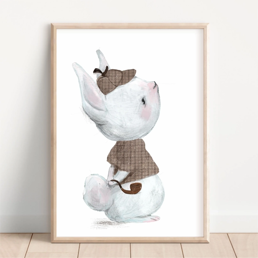 Plakat Króliczek Sherlock w stylu retro na ścianę dla dzieci – Mała Pracownia