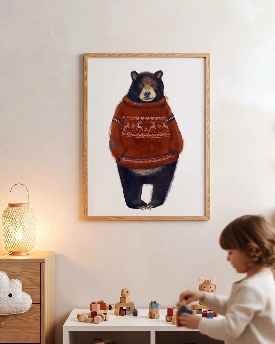 Plakat Miś retro w czerwonym sweterku – Mała Pracownia