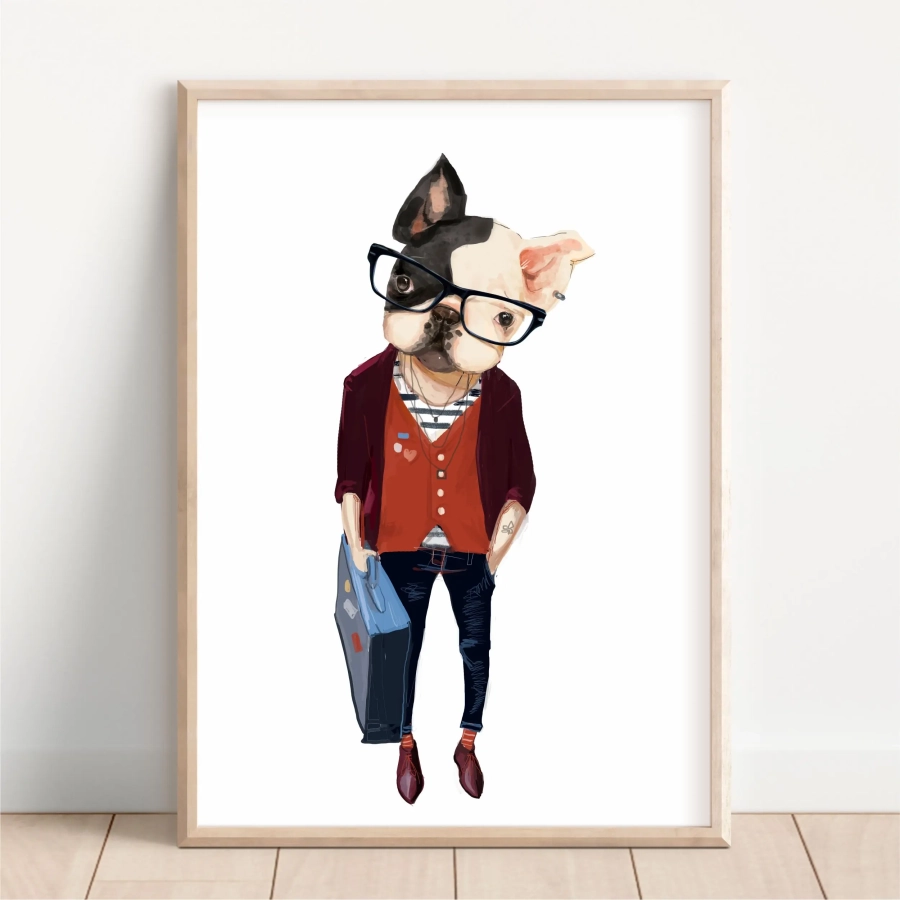 Plakat Buldog w okularach i swetrze na ścianę dla dzieci – Mała Pracownia
