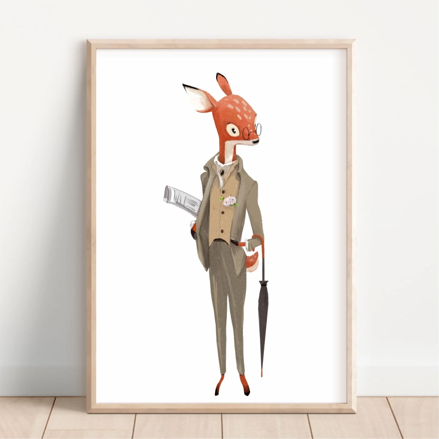Plakat Jelonek z parasolką w garniturze na ścianę dla dzieci – Mała Pracownia