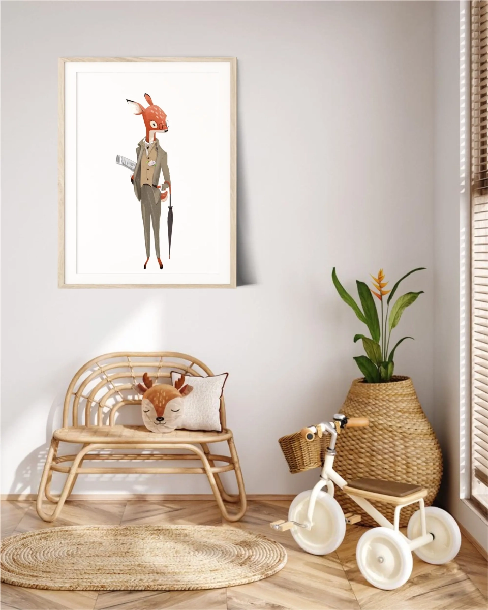 Uroczy Jelonek z parasolką – plakat na ścianę dla dzieci – Mała Pracownia