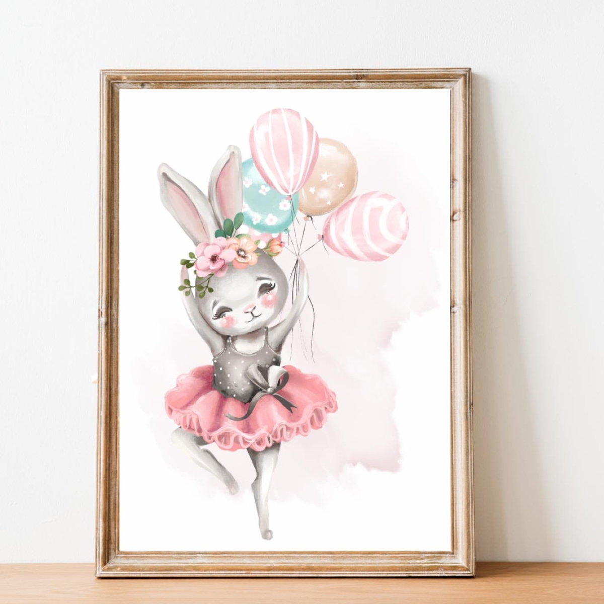 Ilustracja z baletowym króliczkiem i balonami w różu